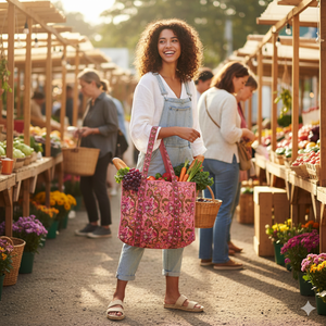 Floral Printed Quilted Reversible Handmade Tote <b>Bag</b> <b>Long</b> Handle Zipper Closure Shopping Travel Supermarket Daily Use - Product Image 1
