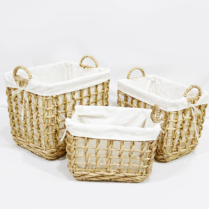 Artex Dong Thap Water Hyacinth Woven <b>Rectangular</b> Clothing Organizer <b>Storage</b> <b>Basket</b> Set of 3 with Liner - Product Image 3