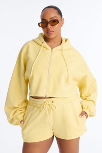 Conjunto de Sudadera Corta para Mujer, Color Sólido, Forro Polar, Cierre de Cremallera, Cordón Ajustable, Estilo Casual Otoñal, Hombros Caídos, Manga Larga - Product Image 6