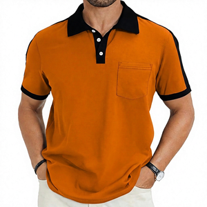 Polo à manches courtes pour homme, couleur unie, coton tricoté, respirant, décontracté, avec poche, bordure rouge et noire - Product Image 2