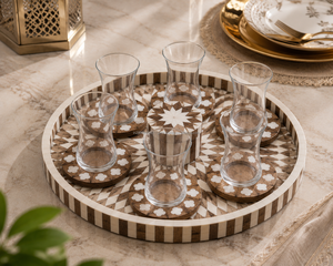 Juego de bandejas redondas de madera con 1 caja y 6 posavasos con patrón geométrico, bandejas decorativas bohemias, paquete multipieza - Product Image 3