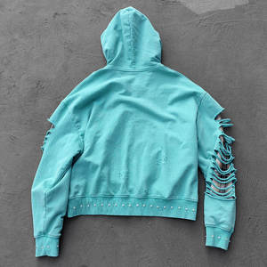 Custom Distressed Cutout Zip <b>Hoodie</b> | Rhinestone Detail Oversized Streetwear Sweatshirt OEM ODM Private Label Rhinestone Hoodies - Product Image 2