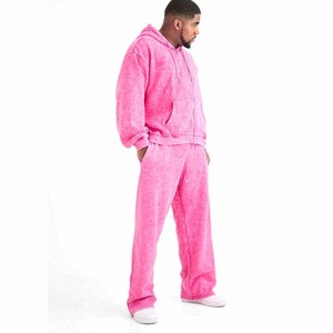 Men's <b>Pink</b> Fleece Hooded Zip-Up <b>Tracksuit</b> Full Sleeve Loose Fit Casual Winter Wear Solid Color Side Pockets 100% Polyester - Product Image 3