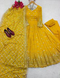Robe Anarkali brodée jaune à manches longues, longueur ras du sol, avec dupatta, tenue de mariage traditionnelle indienne et pakistanaise - Product Image 5