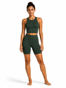 Ensemble de yoga 2 pièces gris foncé : Crop top dos nageur à col ras du cou et short cycliste taille haute, sans couture, séchage rapide, respirant, pour le sport - Product Image 1