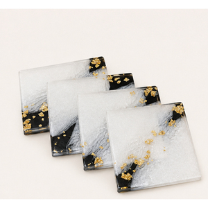 Sous-verres carrés de luxe en résine époxy avec paillettes dorées, motif marbre noir et blanc, faits à la main, résistants à la chaleur, ensemble de tapis de tasse - Product Image 1