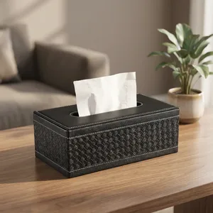 Leather Tissue Box With <b>Black</b> Pattern Premium Hotel Tissue Holder for Hotels Resorts Offices and Hospitality Spaces - Product Image 2