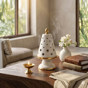 Charming White And Gold Metal Incense Burner Featuring <b>Star</b> And Dot Cutouts Beautiful Festive Home <b>Decor</b> And Fragrance Piece - Product Image 5