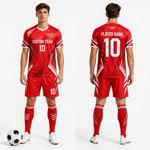 ชุดยูนิฟอร์มฟุตบอลขายส่ง เสื้อ กางเกง ถุงเท้า ชุดเซ็ต แบบซับลิเมชั่น ปัก พิมพ์ลาย โลโก้สั่งทำ ชื่อผู้เล่น เบอร์ผู้เล่น คอกลม แขนเสื้อแบบแร็กแลน - Product Image 3