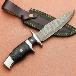 Cuchillo de caza de acero de Damasco con punta de gota, mango de madera y filo recto para uso en exteriores, Short Sign Industry - Product Image 3