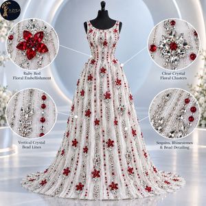 Tela Ornamental para Vestidos con Diseño Floral Rojo Rubí, Adornada con Cuentas de Cristal y Lentejuelas |   Tela Decorativa para Vestidos de Novia y Trajes de Noche - Product Image 5