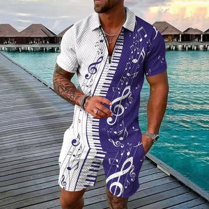Conjunto de 2 piezas para hombre, camisa de manga corta con cuello medio cremallera y pantalones cortos, cómodo y sencillo, ropa informal de playa para verano. - Product Image 6