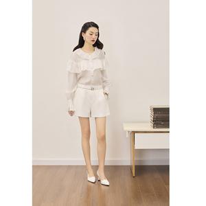 Blusa de mujer holgada, elegante, femenina y suave LACELIA - Blusa de organza con detalle de volantes en capas y cuello redondo KA65 - Product Image 1