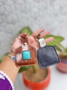 Custom Designer Hair on Hide Cowhide Leather <b>Keyrings</b> Genuine Leather Turquoise Stone Western Stylish Key Chain Hot Sale <b>Mini</b> Ba - Product Image 3