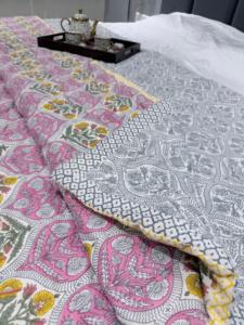 Pink Floral Pure Cotton Malmal <b>Quilt</b> 100x100 Soft Mulmul Hand Block Printed <b>Quilt</b> For <b>Bedding</b> - Product Image 3
