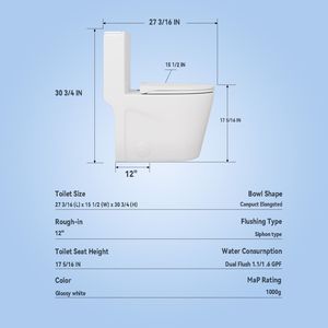 Inodoro de una pieza con doble descarga de 1.1/1.6 GPF, asiento con cierre suave, tanque superior con botón, trampa S, taza alargada de 12 pulgadas y funciones de ahorro de agua - Product Image 2