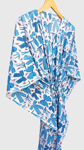 Women's Blue Bow Print <b>Kimono</b> Robe V Neck Half Sleeve Long Tunic <b>Cover</b> <b>Up</b> - Product Image 3