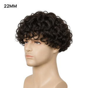 Peluca de Cabello Humano Rizado de 22 mm para Hombre, Tupé Corto Ondulado, Sistema de Cabello sin Pegamento, Negro Natural, Uso Diario - Product Image 1