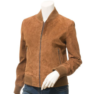 Women's Brown <b>Suede</b> <b>Bomber</b> <b>Jacket</b> Full Sleeve Stand Collar Zipper Closure Custom Women Real Leather <b>Jacket</b> Slim Fit Motorcycle - Product Image 1