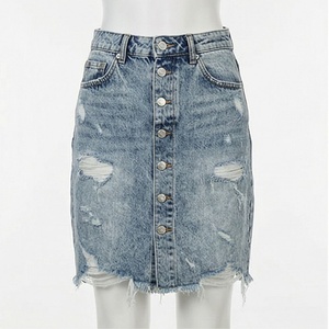 Jupe mini en jean taille haute pour femme, déchirée, boutonnée sur le devant, style crayon, décontractée, toutes saisons - Product Image 1