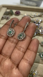Emerald and Diamond Flower <b>Silver</b> <b>Stud</b> Earrings 92.5 Sterling <b>Silver</b> Earring - Product Image 3