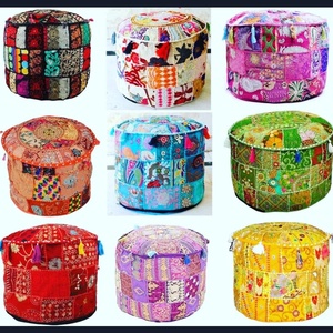 Bohemian Embroidered Handcrafted Pouf Ottoman Patchwork Cotton Floor Seat <b>Cushion</b> Tassel for Living Room Home Decor <b>Small</b> Large - Product Image 1