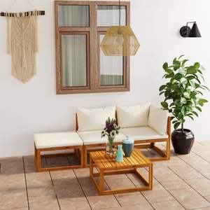 4-Piece Cream Solid Acacia <b>Wood</b> Patio Lounge <b>Set</b> with Cushions for <b>Garden</b> Use - Product Image 1