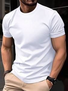 Camiseta Casual de Punto para Hombre, Corte Ajustado, Manga Corta, Cuello Redondo, Color Sólido, Largo Regular - Product Image 1