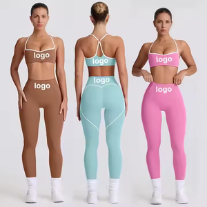Wholesales Famous Brand Fashion Solid Striped Breathable <b>Yoga</b> <b>Pilates</b> Stretch Seamless Ribbed Set for Women Gym Wear Leggings - Product Image 1