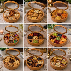 Caja de Almacenamiento de Frutos Secos de Madera Hecha a Mano, Redonda, con 9 Compartimentos, Organizador de Nueces con Tapa de Vidrio, Contenedor para Servir en la Cocina - Product Image 5
