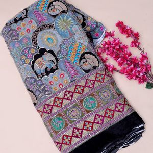Tissu Crêpe Léger Paisley Rouge Cramoisi Riche avec Broderie de Paillettes, Motif Éléphant et Paon Daman, 54 Pouces, Matériau pour Sari Ethnique Indien - Product Image 4