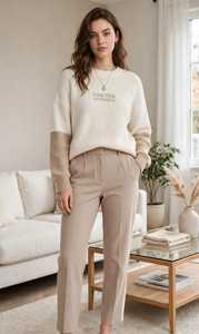 ชุดเซ็ตเสื้อแขนยาวคอกลมและกางเกงขายาวทรงหลวมสไตล์ Color Block Knit สำหรับผู้หญิงจาก Oneten - Product Image 4