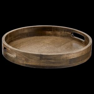 Bandeja circular rústica de madera de mango con superficie pulida, perfecta para servir té, café, bocadillos, hermosa decoración natural para la cocina. - Product Image 1