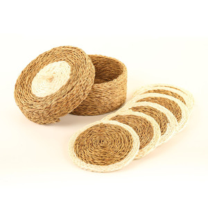 Handmade <b>Round</b> Seagrass Woven Coasters Bohemian Style <b>Table</b> Decor <b>Set</b> of <b>4</b> Natural Brown and Beige Made in Vietnam HNH Craft - Product Image 6