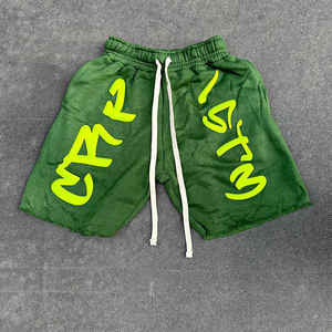 Short graphique personnalisé à impression bouffante pour garçons été hommes lavé à l'acide Vintage en détresse grande taille bord coupé ourlet brut shorts délavés au soleil - Product Image 4