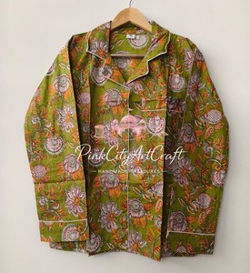 Handcrafted Cotton Floral Night Suit Artisanal Jaipuri Block Print Olive Green Loungewear Co-ord Set Notch Collar <b>Pyjamas</b> <b>Summer</b> - Product Image 4