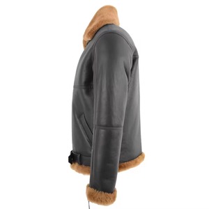 Chaqueta de Cuero Genuino para Hombre, Cuello Camisero, Cierre de Cremallera, Forro de Piel, Estilo Motero, Corte Regular, Color Sólido, Personalizable - Product Image 4
