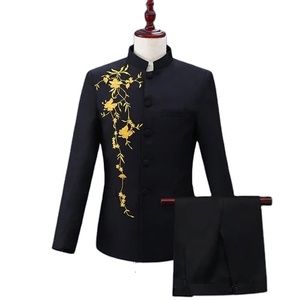 Chinoiserie tarzı erkekler standı yaka nakış takım 2 parça siyah/beyaz/kırmızı moda erkek sahne parti Blazer ve pantolon gerçekleştirmek - Product Image 2