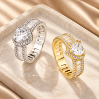 Heart Halo 925 Sterling Silver Zircon Ring with a Clear Three Prong Center and Rectangular Stone Shoulders