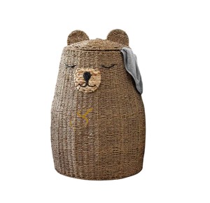 Bear Shaped Water Hyacinth Storage <b>Bin</b> Woven Kids Toy Organizer Hamper with <b>Covered</b> Lid - Product Image 1