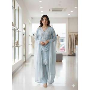 EXCLUSIF Aïd et TENDANCE : Ensemble haut, pantalon palazzo et dupatta brodés pour la saison des mariages, style traditionnel, séchage rapide, idéal pour les fêtes - Product Image 1