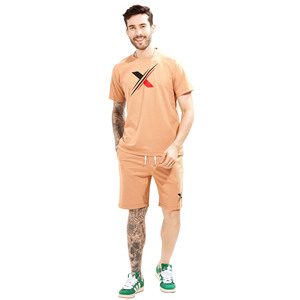 Ensemble T-shirt et short pour homme en tissu tricoté 100% coton respirant pour l'été, avec logo personnalisé imprimé par transfert thermique, taille plus - Product Image 1