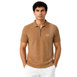 Men Customized Camel Brown <b>Waffle</b> Knit Quarter Zip Polo <b>Shirt</b> with Vertical Stripe Design Breathable Casual Golf Tennis Polo Top - Product Image 1