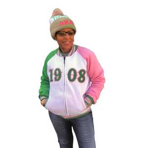 Chaqueta de forro polar verde y rosa con bordado de chenilla de letras griegas, estilo universitario, poliéster premium, cálida, con cremallera, para invierno, cuello alto - Product Image 2