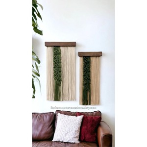 Bohemian Macrame Wall <b>Hanging</b> Foliage Pattern Green <b>White</b> Rectangle Home Decor Living Room Art Piece 2Pcs - Product Image 3
