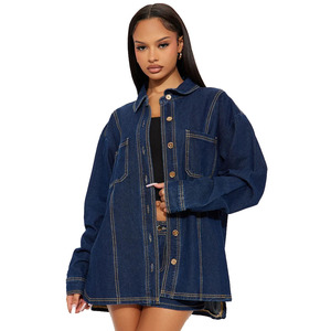 Women Denim Shirt Long Sleeve Button <b>Up</b> Double Pocket Stonewashed Loose Fit Casual Blue Tops Autumn Style - Product Image 1