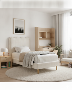 Cama Individual Tapizada de Estilo Moderno con Cabecera Ondulada, Tela de Algodón, Muebles Escandinavos para Dormitorio Infantil, Estructura de Madera Maciza, Diseño Ondulado para Niños - Product Image 5
