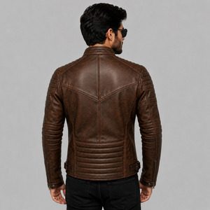Blouson moto homme en cuir véritable marron, col montant, fermeture éclair, coupe ajustée, style motard, pour l'automne - Product Image 2