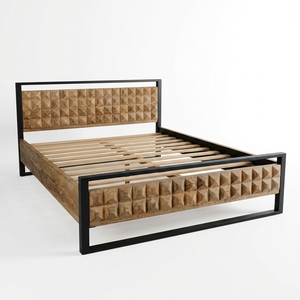Dice <b>Bed</b> Modern Industrial Solid Wood <b>Platform</b> <b>Bed</b> <b>Frame</b> With 3D Geometric Carved Headboard And Black Metal Bedroom Furniture - Product Image 1