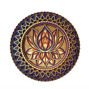 Arte de Pared Mandala de Loto Azul y Dorado Hecho a Mano, Decoración de Pared Redonda de Madera Tallada, Estilo Boho para Yoga, Meditación, Sala de Estar, Dormitorio, Hogar - Product Image 1